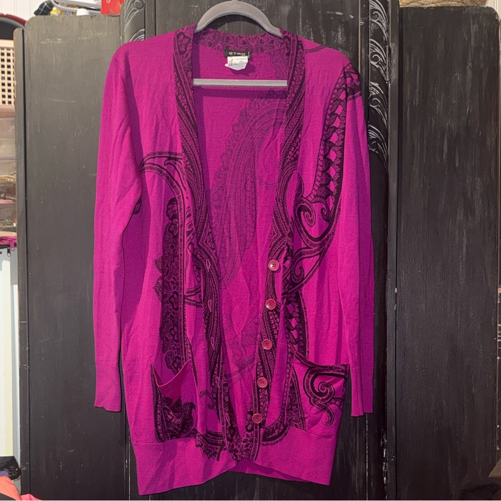 Etro Milano Vibrant Magenta Cardigan with Paisley Design